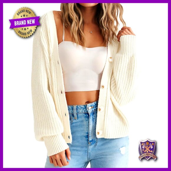 Oversized V-Neck Cardigan Chunky Knit Long Sleeve Button Down Loose Fit